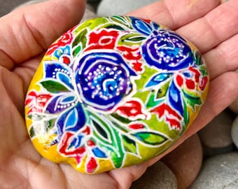 Boho Floral Painted Sea Stone, Cape Cod Altar Decor