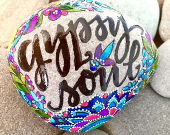 Gypsy Soul Painted Sea Stone, Boho Art Paperweight