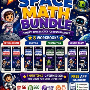 May include: A Space Math Bundle educational set featuring 8 workbooks for ages 5-7. The cover displays space-themed illustrations, including astronauts, planets, and rockets. It includes 56 days of practice, 560 problems, and answer keys.