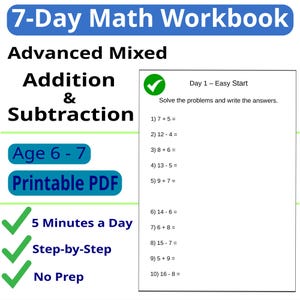 7-Day Advanced Mixed Addition and Subtraction Workbook | 5-Min Daily Math Practice for Kids Age 6–7 | Printable Grade 1–2 Worksheets