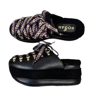 Hogan H466 Platform Lace Up Mules Black Leather Slip On Shoes Chunky Designer Clogs Y2K Platform Sandals