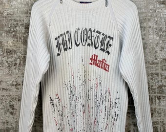 Maglione da uomo a coste bianco stile Y2K – Girocollo con grafica gotica, stile vintage grunge streetwear (taglia M)
