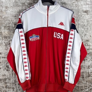 Vintage 1980s Kappa USA Red & White Olympic Style Track Jacket – Men's L, Full Zip Retro Sportswear