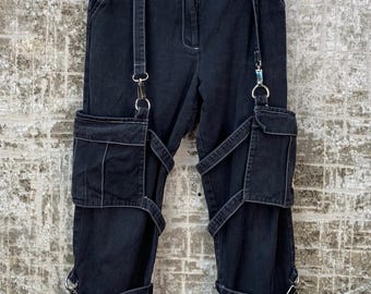 The Ragged Priest Women’s Black Cargo Pants — Gothic Y2K Wide Leg Strap Detail Utility Trousers, Size S