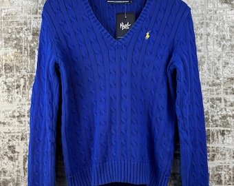 Maglione vintage Ralph Lauren Sport a trecce blu elettrico con scollo a V - Unisex taglia L, pullover classico preppy