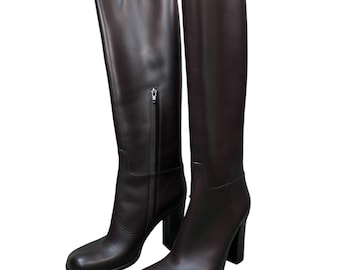 Bottega Veneta Storm Dark Brown Knee High Boots Leather Block Heel Designer Luxury Tall Boots