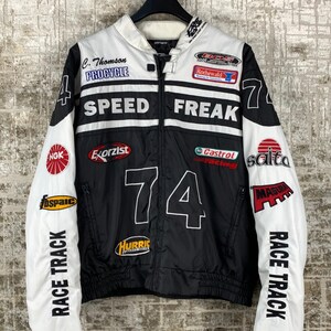 Men's Vintage "Speed Freak" Racing Moto Jacket – Black/White Patch Logo Retro 90s Zip XL