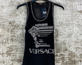 Canotta elasticizzata da donna Versace nera con borchie e motivo Medusa, stile Y2K – Vintage Designer L