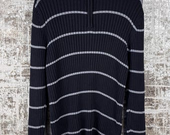 Pull côtelé à demi-fermeture éclair Northbrook vintage pour homme - Rayé noir/gris, taille L, streetwear rétro