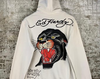 Men's Y2K Ed Hardy White Panther Graphic Zip-Up Hoodie — Vintage Tattoo Streetwear, Size M