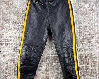 Men's Vintage Black Leather Biker Pants with White & Yellow Side Stripes — Retro Racing Streetwear XL