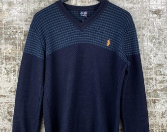 US POLO ASSN. Męski granatowy sweter w stylu vintage z dzianiny Y2K z dekoltem w serek, niebieski, z długim rękawem