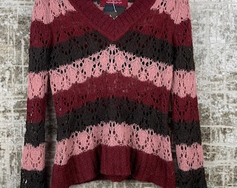 Gestreifter Y2K Lace Knit-Pullover mit V-Ausschnitt für Frauen - Pink, Burgund & Braun, Soft Grunge Fairycore, Größe S