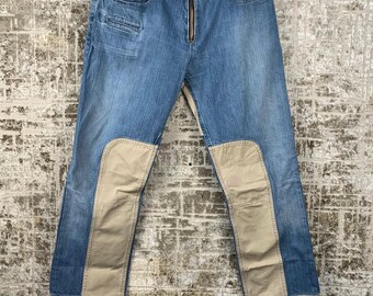 Jeans vintage da uomo Kenzo Homme in denim blu – Pannello a contrasto e dettaglio con zip, gamba dritta, taglia L (vita 38 cm)