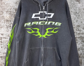 Y2K Chevrolet GM Racing-grijze grijze herenhoodie met rits – Vintage Flame Graphic oversized streetwear, maat M