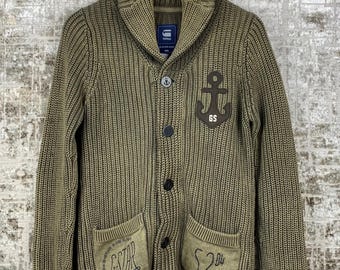 G-Star RAW Men's Olive Green Chunky Knit Cardigan – Button-Up Vintage Streetwear, Size M