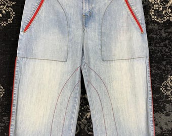 Jean capri court bleu clair vintage unisexe - Jean rétro des années 90 à jambe large avec surpiqûres rouges