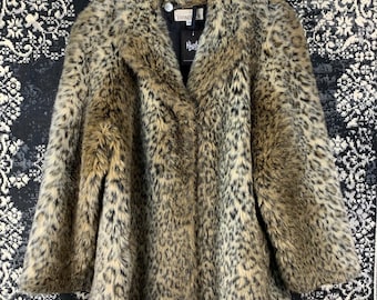 Women's Vintage Cheetah Print Faux Fur Coat – Retro Leopard Animal Print Winter Jacket (Womens 40 / M)