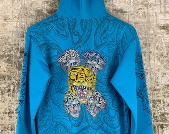 Women's Y2K Blue Tiger Print Zip-Up Hoodie – Retro Ed Hardy Style Graphic Streetwear Jacket