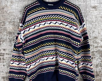 Vintage Men's Lacoste Coogi-Style Multicolor Knit Sweater — 90s Retro Crewneck, Made in France (L)