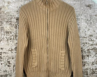 Y2K-beige geribbelde gebreide herentrui met rits – hoge kraag vintage Cottonfield, maat M