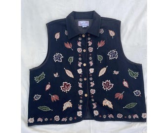 Vintage New Directions Wool Felt Fall Autumn Embroidered Vest W/ Wood Buttons 3X