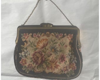 Vintage Black Needlepoint Floral Purse Made In Hungary