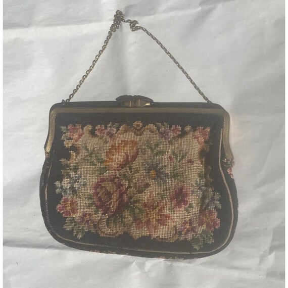 Vintage Black Needlepoint Floral Purse Made In Hungary