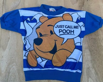 Camiseta infantil vintage do Ursinho Pooh, tamanho 4, "Só me chame de Pooh", azul e branca.