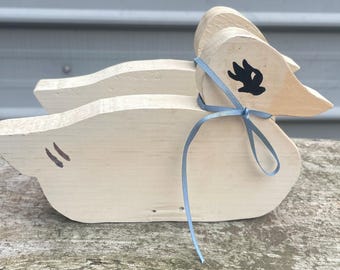 Vintage wooden duck napkin holder blue ribbon grandmacore country