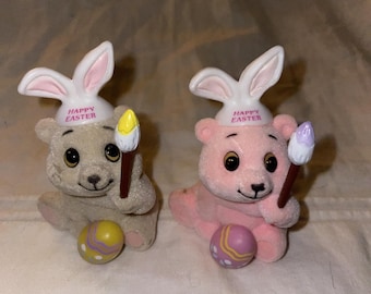 Vintage Russ Flocked Easter Bunny Teddy Bear Colored Egg Spring Lot Of 2