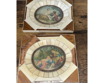 Vintage Miniature Art In  Mosaic Frame Courting Scenes Lot Of 2 Flawed