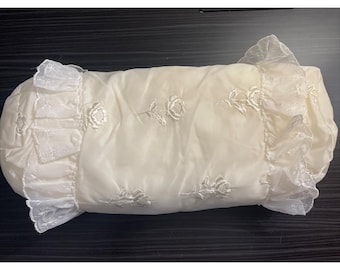 Vintage MCM White Satin Baby Blanket Embroidered Flowers Lace Ruffle Pillow USA
