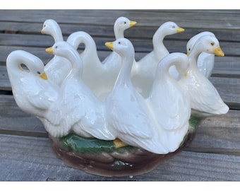 Ceramic Geese Planter Bowl: Centerpiece with 10 White Geese, Discolored
