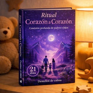 May include: A hardcover book titled "Ritual Corazón a Corazón" with a family walking on a path under a full moon. The cover is purple with white text and a mountain landscape. The book is on a wooden surface with a teddy bear and wooden stars.