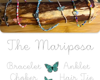 Mariposa - Hårsnodd med fjärilspärlor, armband, fotlänk, choker – Handgjorda, anpassningsbara färger