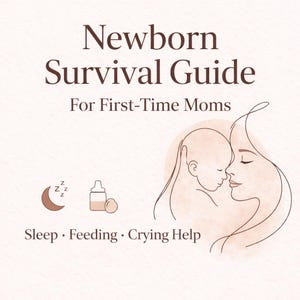 Könnte beinhalten: Cremefarbene Grafik mit dem Text "Newborn Survival Guide For First-Time Moms". Das Bild enthält Illustrationen eines Halbmonds, einer Babyflasche sowie einer Mutter und eines Babys. Der Text darunter lautet "Sleep • Feeding • Crying Help."