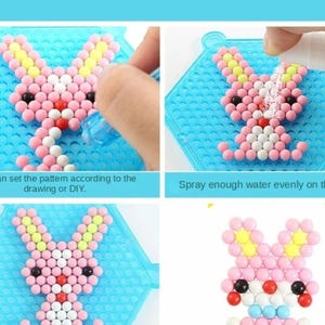 May include: A craft kit featuring a blue hexagonal pegboard used to arrange small colorful beads into a rabbit shape. The process involves placing beads with a tool and spraying the finished design with water to bond the pieces together.