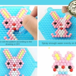 May include: A blue hexagonal pegboard used for arranging small colorful beads into a rabbit shape. The process involves placing pink, yellow, white, and black beads onto the board, followed by spraying water to set the design as shown in the steps.