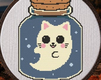Schema per punto croce con gatto fantasma in barattolo, gatto kawaii, bottiglia di pozione di Halloween, download PDF immediato, facile, adatto ai principianti, regalo moderno, cutecore