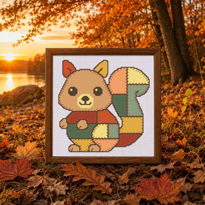 Schema per punto croce con scoiattolo patchwork, accogliente trapunta autunnale, arte animale, download PDF immediato, facile, adatto ai principianti, fai da te, stile cottagecore, regalo a tema natura. immagine 8