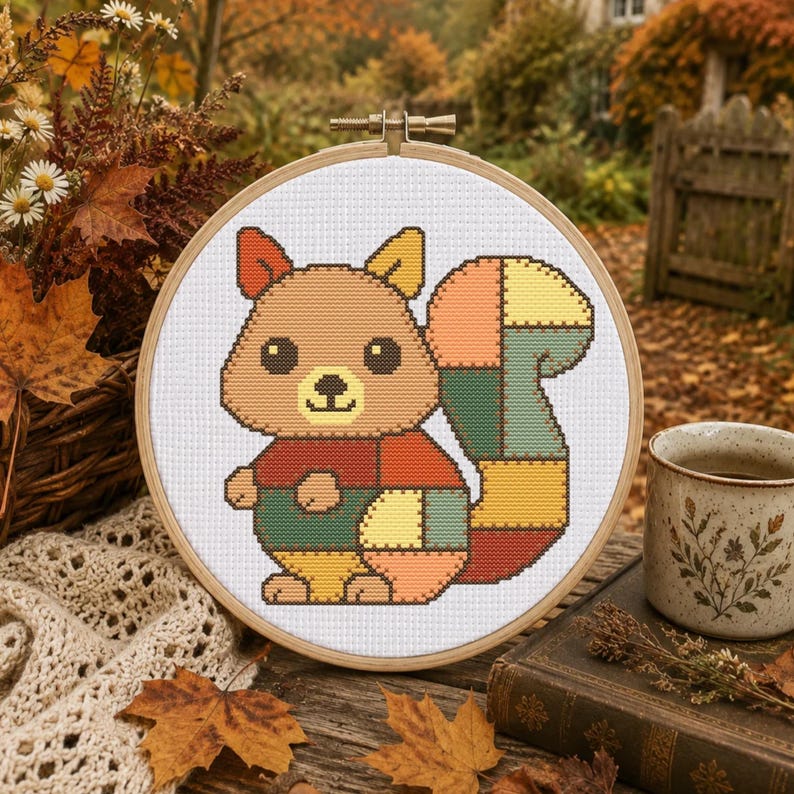 Schema per punto croce con scoiattolo patchwork, accogliente trapunta autunnale, arte animale, download PDF immediato, facile, adatto ai principianti, fai da te, stile cottagecore, regalo a tema natura. immagine 1