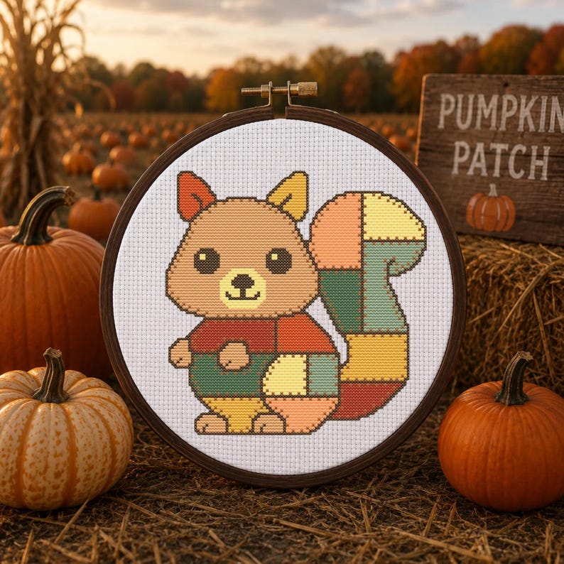 Schema per punto croce con scoiattolo patchwork, accogliente trapunta autunnale, arte animale, download PDF immediato, facile, adatto ai principianti, fai da te, stile cottagecore, regalo a tema natura. immagine 2