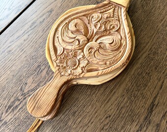 Rare Vintage Norwegian Hand-Carved Fireplace Bellows Wood and Leather