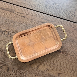 Vintage Hammered Copper Tray Brass Handles Rectangular