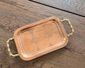 Vintage Hammered Copper Tray Brass Handles Rectangular
