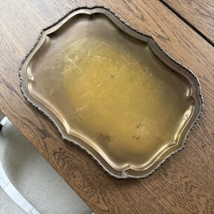 Vintage Solid Brass Serving Tray Rectangular Scalloped Edge Tray Faux Bamboo Style