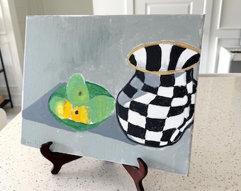 Original Signed Still Life Painting 14x11 Checkered Pitcher and Fruit Bowl Acrylic on Canvas