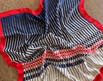 Vintage Silk Scarf Michel Paris Red, White and Blue Geometric Checkerboard