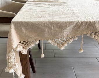 Vintage Cotton Linen Tablecloth Cream Woven Fabric with Tassel Fringe